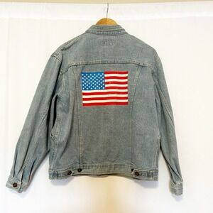 Vintage‎ Squeeze Ocean Denim Trucker Jacket USA Flag Patch size Medium Unisex